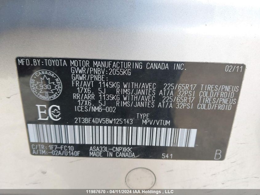 2011 Toyota Rav4 VIN: 2T3BF4DV5BW125143 Lot: 39238844