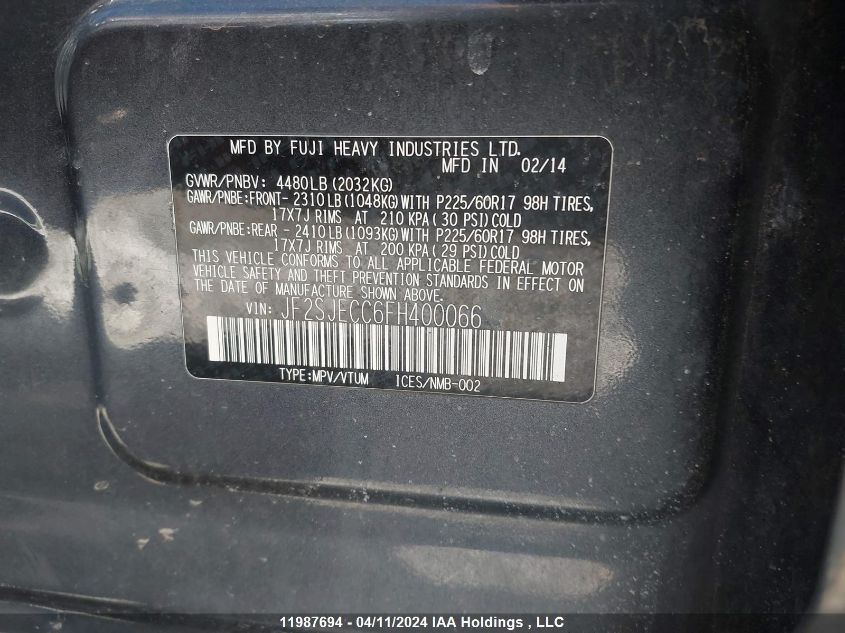 2015 Subaru Forester VIN: JF2SJECC6FH400066 Lot: 11987694