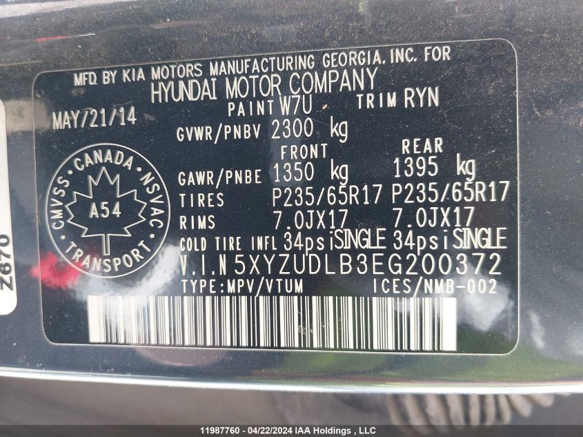 2014 Hyundai Santa Fe Sport VIN: 5XYZUDLB3EG200372 Lot: 11987760