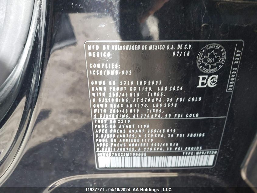 2018 Volkswagen Tiguan VIN: 3VV4B7AX2JM196698 Lot: 11987771