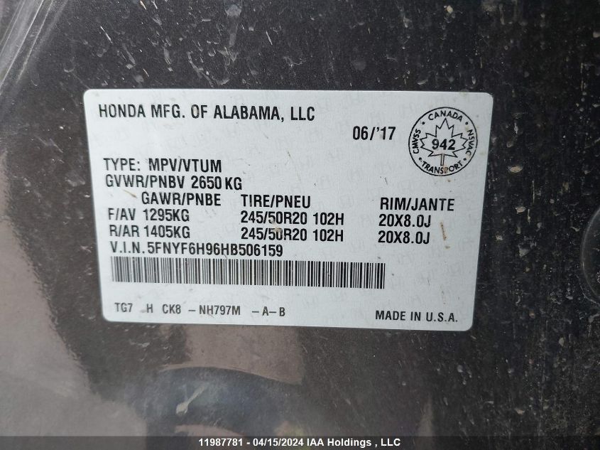 2017 Honda Pilot VIN: 5FNYF6H96HB506159 Lot: 11987781