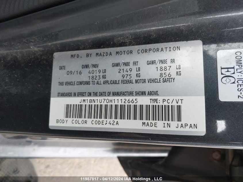 2017 Mazda Mazda3 VIN: JM1BN1U70H1112665 Lot: 11987817