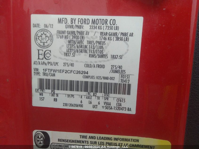 2012 Ford F150 Supercrew VIN: 1FTFW1EF2CFC26294 Lot: 11987819