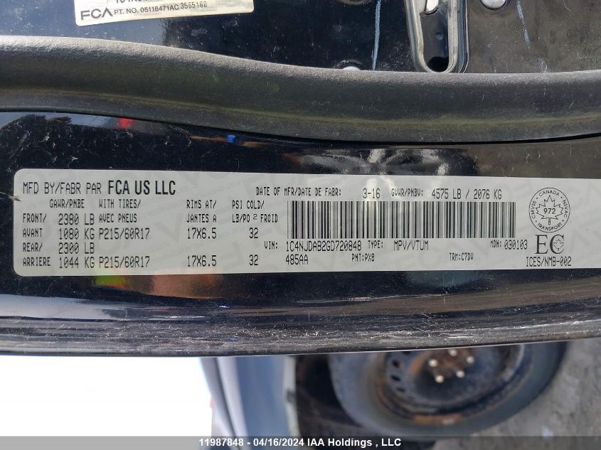 2016 Jeep Compass Sport VIN: 1C4NJDAB2GD720848 Lot: 11987848