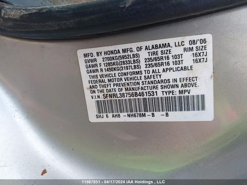 2006 Honda Odyssey VIN: 5FNRL38756B461531 Lot: 11987851