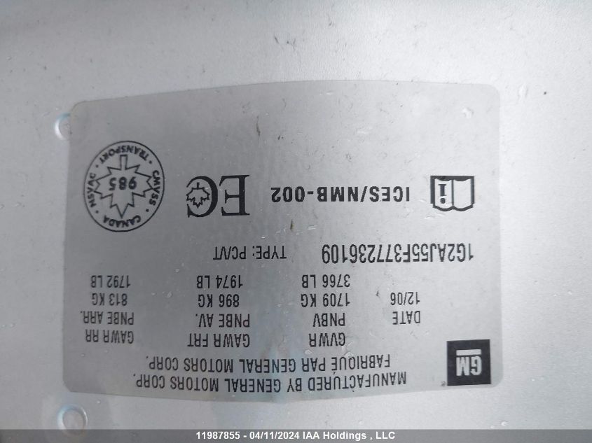 2007 Pontiac G5 VIN: 1G2AJ55F377236109 Lot: 11987855