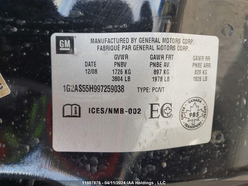 2009 Pontiac G5 VIN: 1G2AS55H997259038 Lot: 11987878
