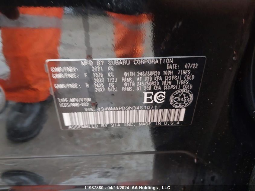 2022 Subaru Ascent Limited VIN: 4S4WMAPD9N3451071 Lot: 11987880