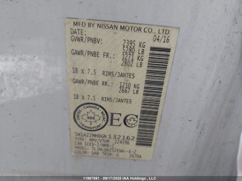2016 Nissan Murano VIN: 5N1AZ2MH6GN132162 Lot: 11987891