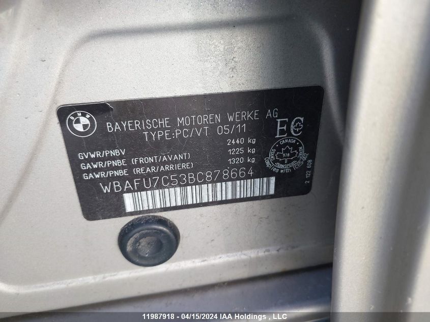 2011 BMW 5 Series VIN: WBAFU7C53BC878664 Lot: 11987918