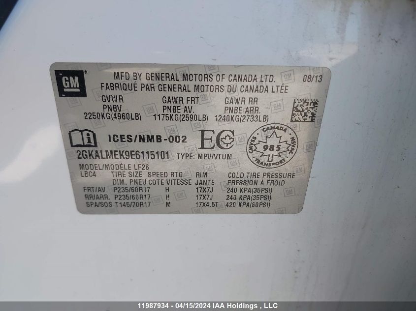 2014 GMC Terrain VIN: 2GKALMEK9E6115101 Lot: 11987934