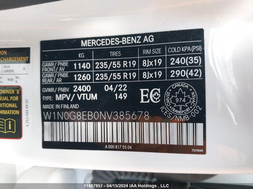 2022 Mercedes-Benz Glc VIN: W1N0G8EB0NV385678 Lot: 11987957