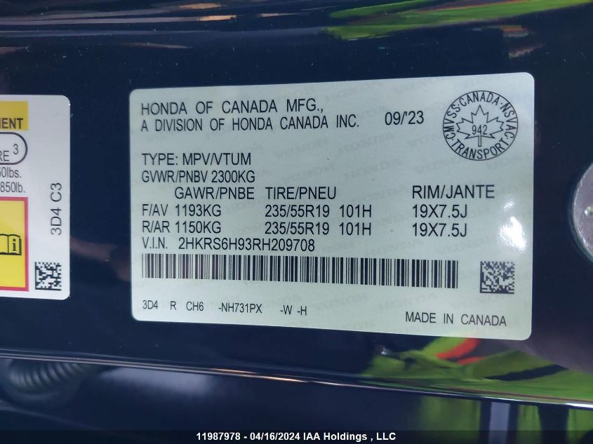 2024 Honda Cr-V Hybrid VIN: 2HKRS6H93RH209708 Lot: 11987978