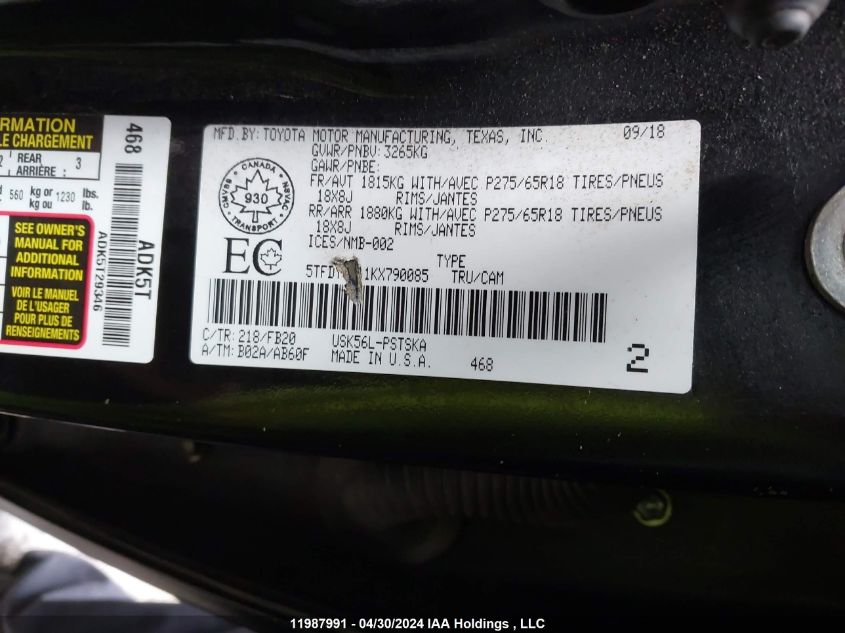 2019 Toyota Tundra Sr5 Plus 5.7L V8 VIN: 5TFDY5F11KX790085 Lot: 11987991