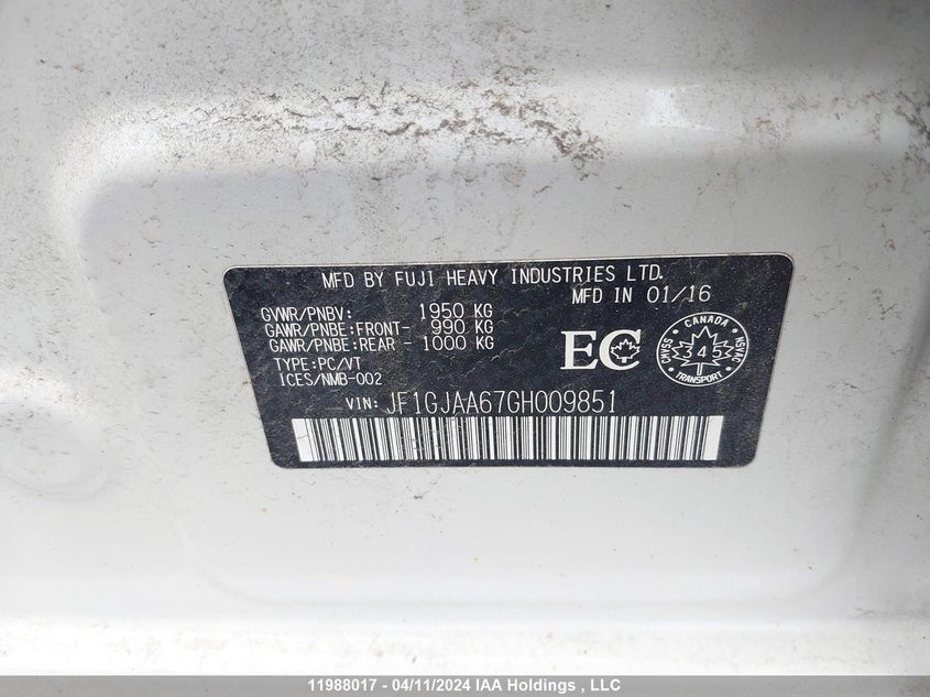 2016 Subaru Impreza VIN: JF1GJAA67GH009851 Lot: 11988017