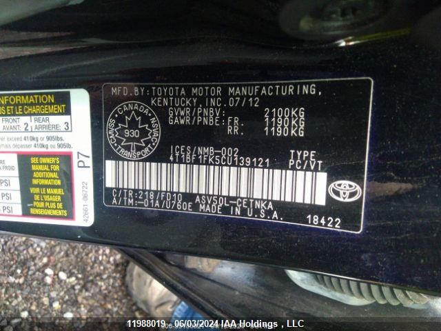 2012 Toyota Camry Se/Le/Xle VIN: 4T1BF1FK5CU139121 Lot: 11988019