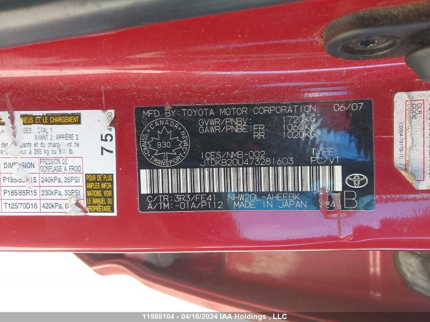 2007 Toyota Prius VIN: JTDKB20U473281603 Lot: 11988104