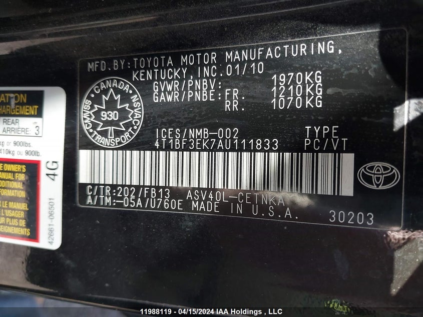 2010 Toyota Camry Se/Le/Xle VIN: 4T1BF3EK7AU111833 Lot: 11988119