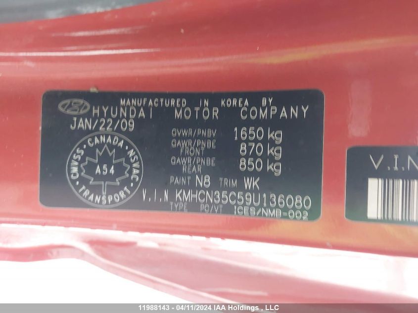 2009 Hyundai Accent Se VIN: KMHCN35C59U136080 Lot: 11988143