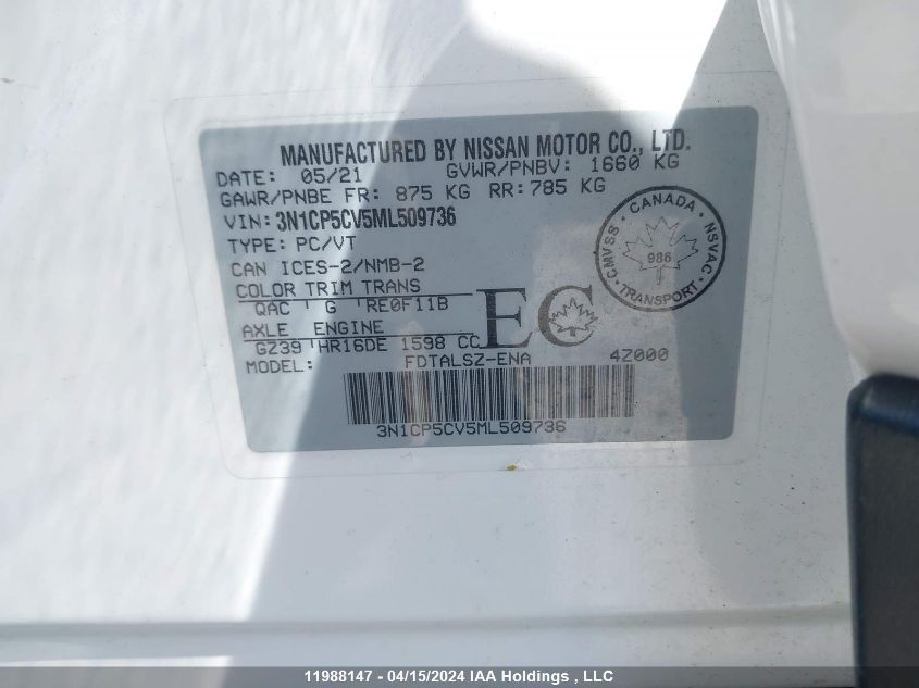 2021 Nissan Kicks VIN: 3N1CP5CV5ML509736 Lot: 11988147