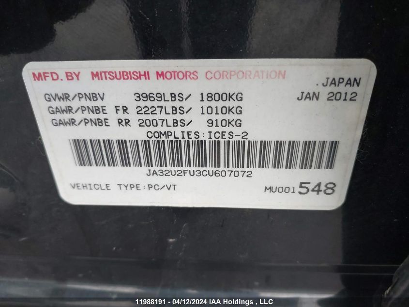 2012 Mitsubishi Lancer VIN: JA32U2FU3CU607072 Lot: 11988191