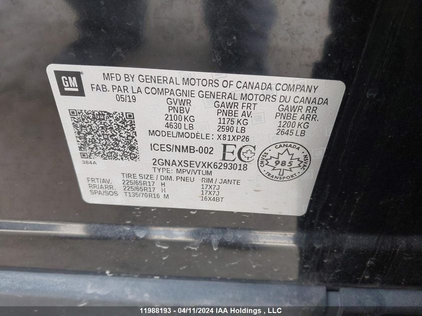 2019 Chevrolet Equinox VIN: 2GNAXSEVXK6293018 Lot: 11988193