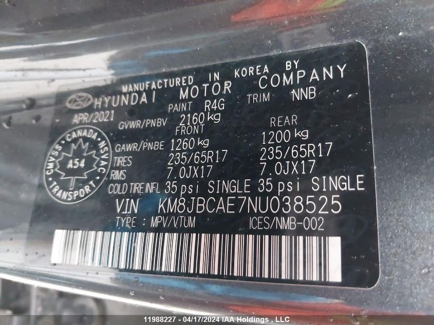 2022 Hyundai Tucson Essential Awd VIN: KM8JBCAE7NU038525 Lot: 11988227
