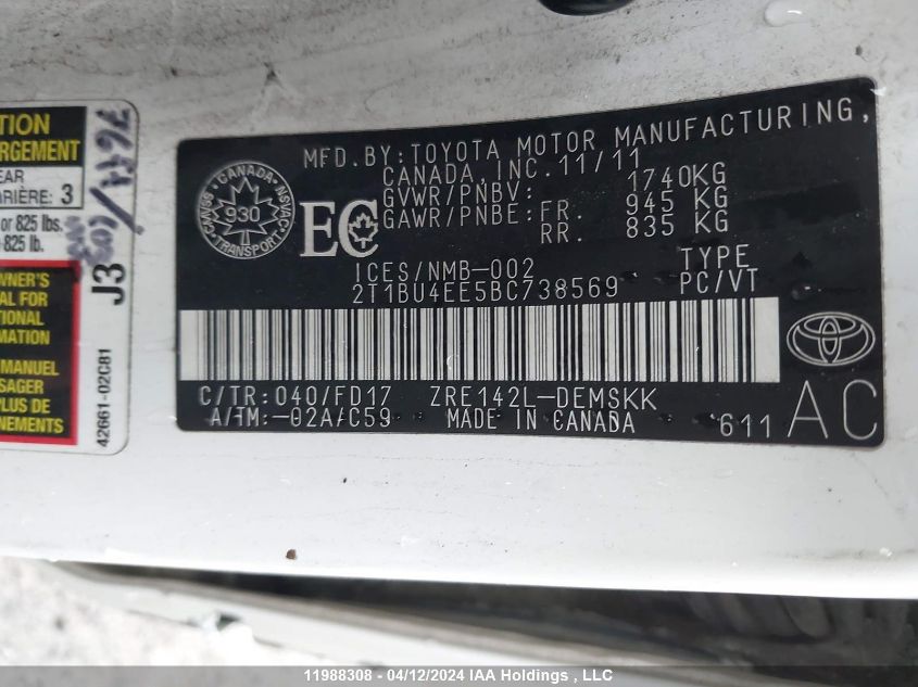 2011 Toyota Corolla S/Le VIN: 2T1BU4EE5BC738569 Lot: 11988308