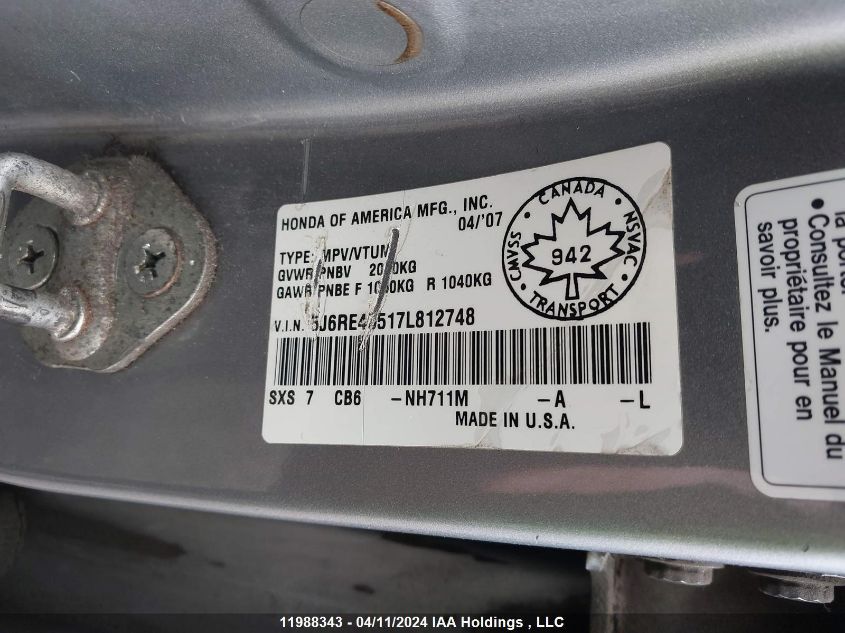 2007 Honda Cr-V VIN: 5J6RE48517L812748 Lot: 11988343