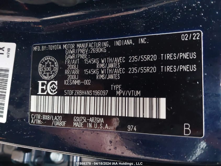 2022 Toyota Highlander Platinum VIN: 5TDFZRBH4NS196097 Lot: 11988378