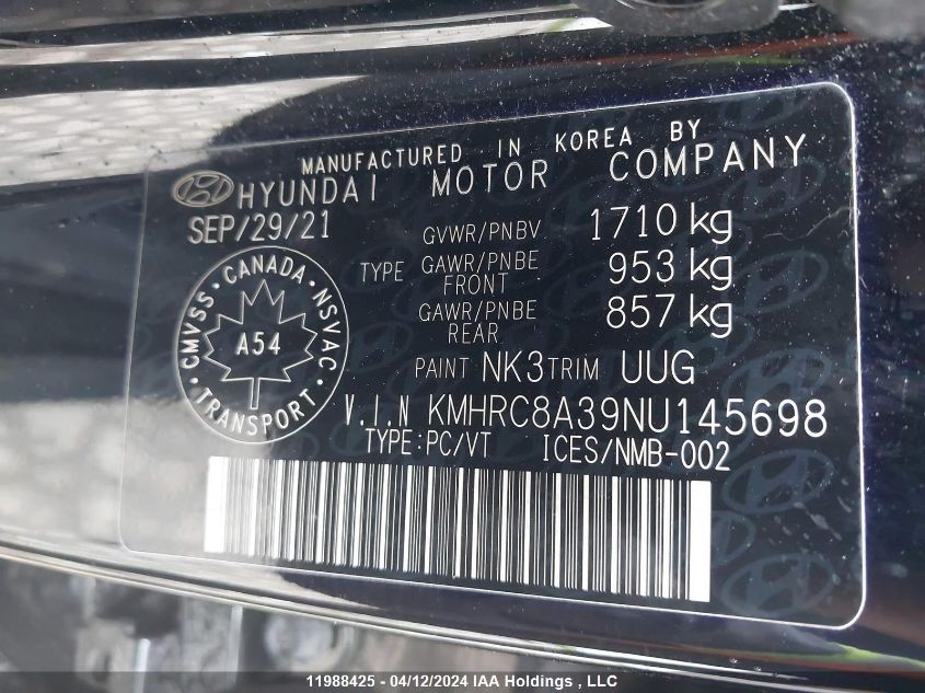 2022 Hyundai Venue Sel/Limited VIN: KMHRC8A39NU145698 Lot: 39240847