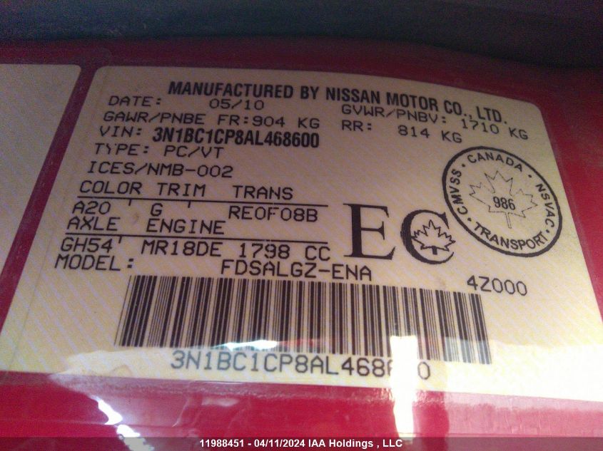 2010 Nissan Versa 1.8Sl VIN: 3N1BC1CP8AL468600 Lot: 11988451