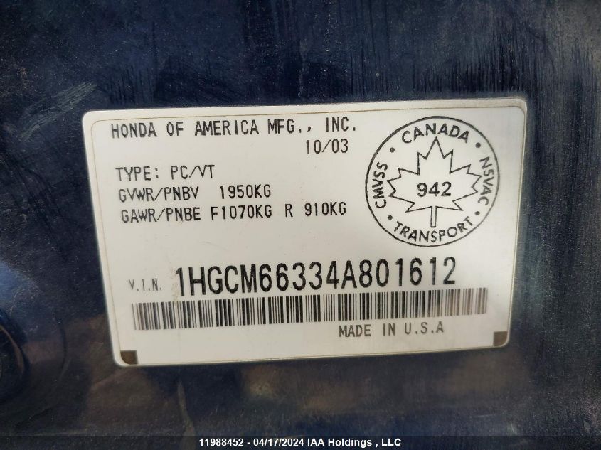 2004 Honda Accord Lx VIN: 1HGCM66334A801612 Lot: 39227529