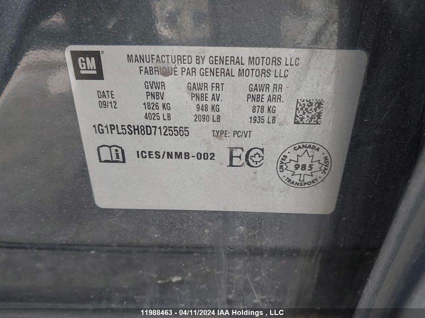 2013 Chevrolet Cruze VIN: 1G1PL5SH8D7125565 Lot: 39236538