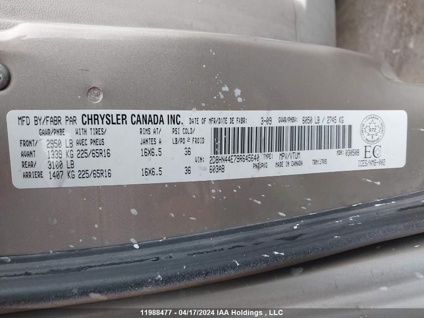 2009 Dodge Grand Caravan Se VIN: 2D8HN44E79R645640 Lot: 11988477