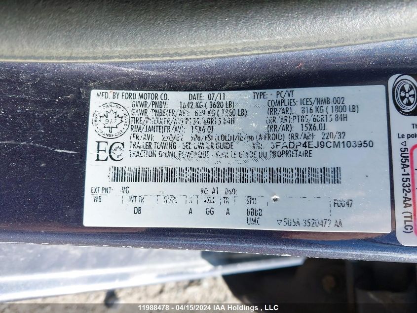 2012 Ford Fiesta Se VIN: 3FADP4EJ9CM103950 Lot: 11988478