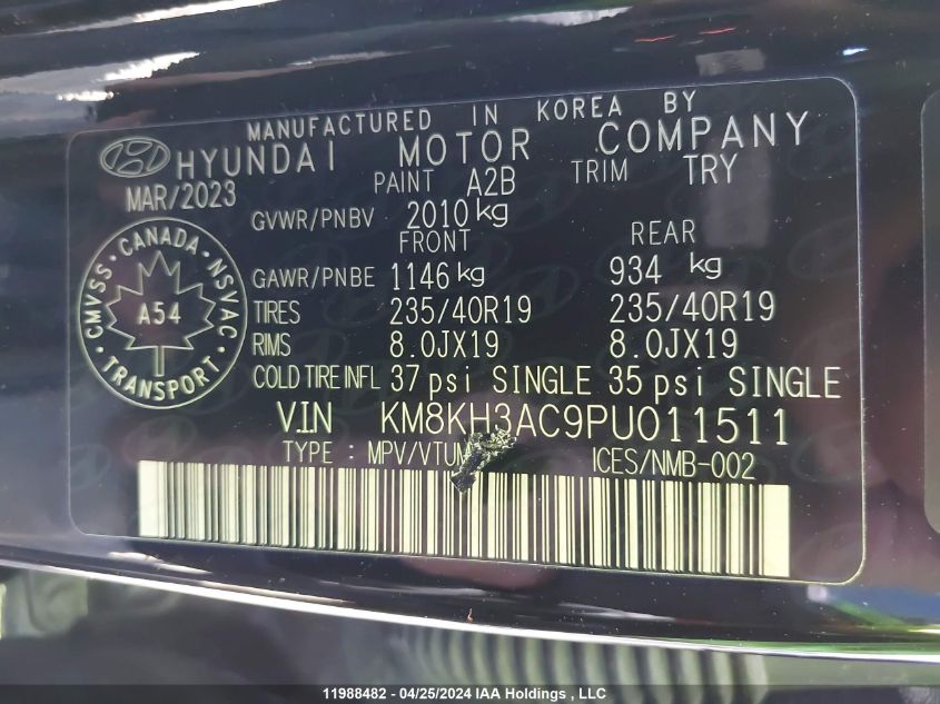 2023 Hyundai Kona VIN: KM8KH3AC9PU011511 Lot: 11988482