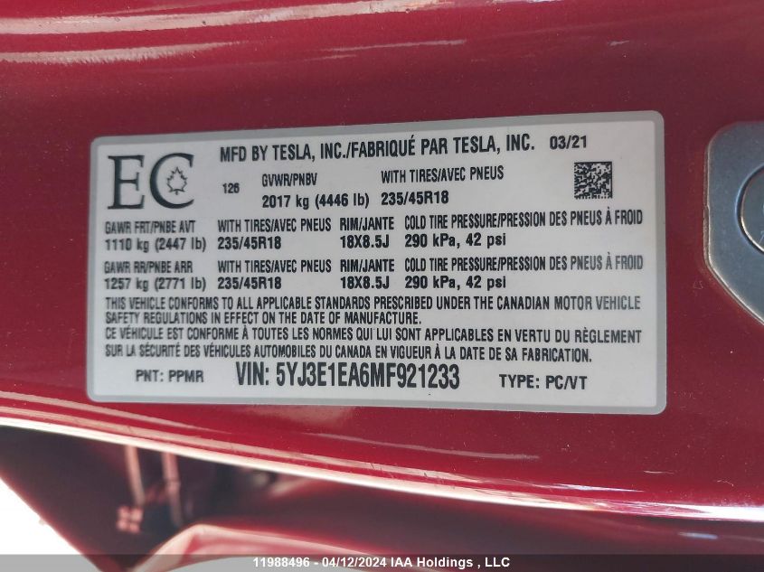 2021 Tesla Model 3 VIN: 5YJ3E1EA6MF921233 Lot: 11988496