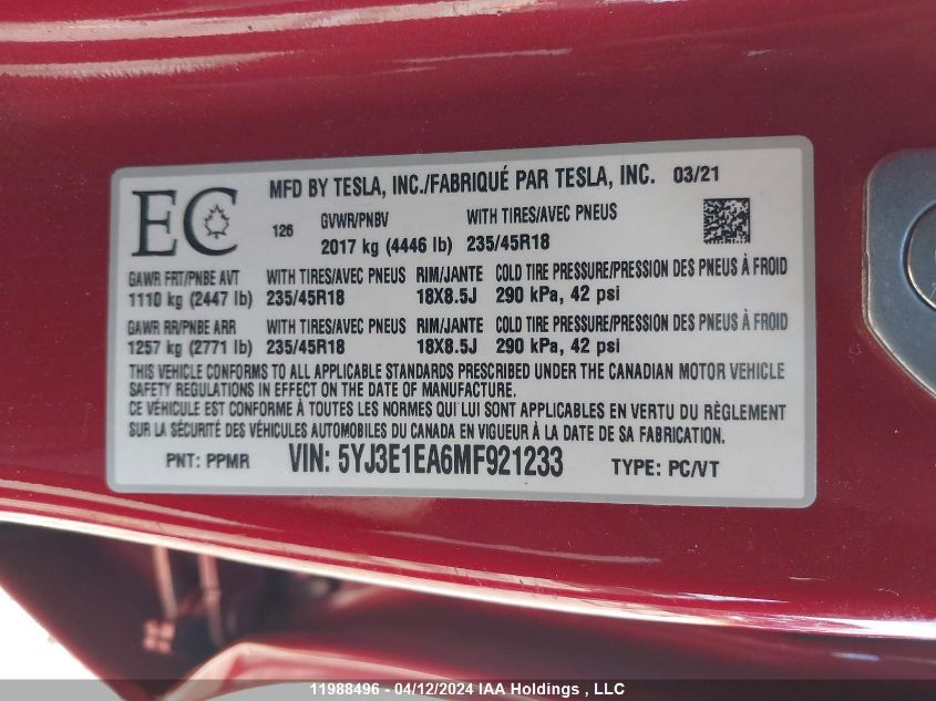 5YJ3E1EA6MF921233 2021 Tesla Model 3