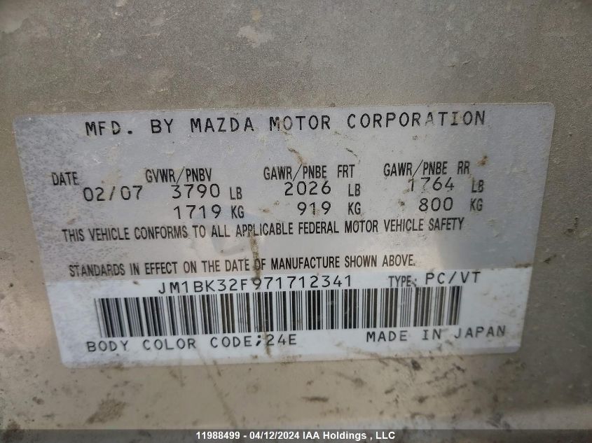 2007 Mazda Mazda3 VIN: JM1BK32F971712341 Lot: 11988499