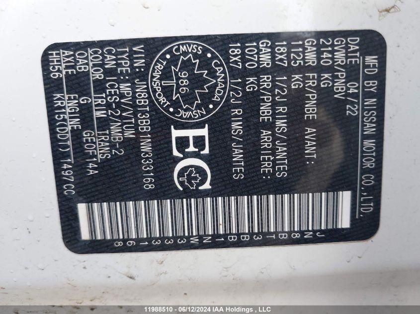 2022 Nissan Rogue VIN: JN8BT3BB1NW333168 Lot: 11988510