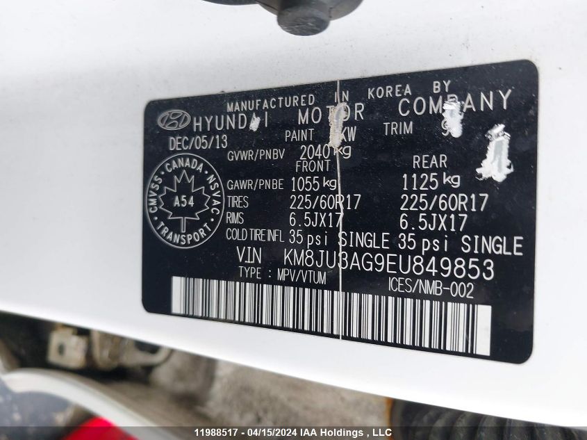 2014 Hyundai Tucson Gls/Limited/Se VIN: KM8JU3AG9EU849853 Lot: 11988517