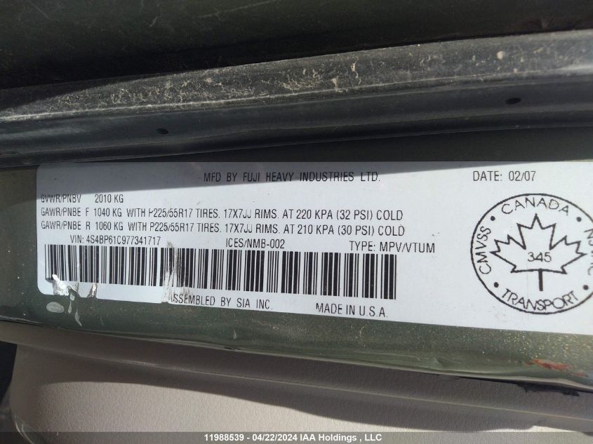 2007 Subaru Outback VIN: 4S4BP61C977341717 Lot: 11988539