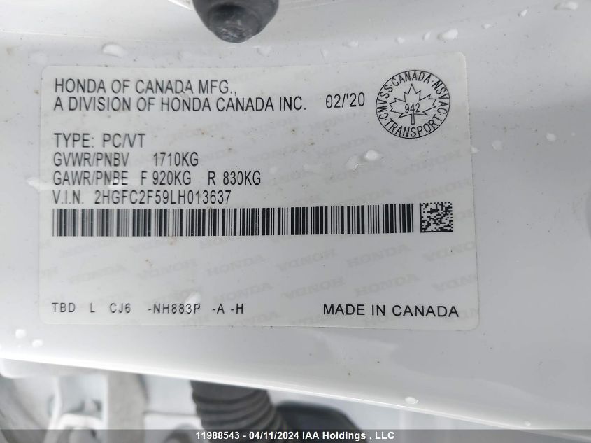 2020 Honda Civic Sedan VIN: 2HGFC2F59LH013637 Lot: 11988543