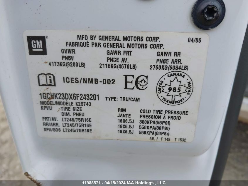 2006 Chevrolet Silverado 2500Hd VIN: 1GCHK23DX6F243201 Lot: 11988571
