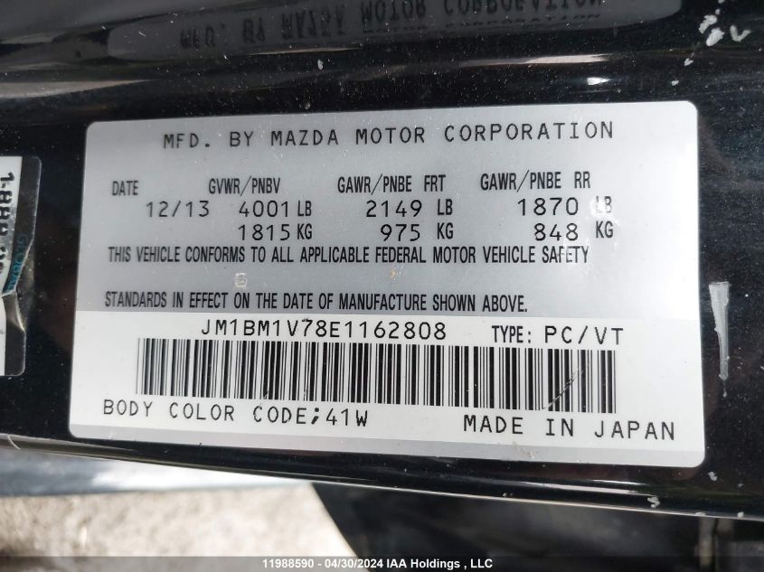 2014 Mazda 3 Touring VIN: JM1BM1V78E1162808 Lot: 11988590