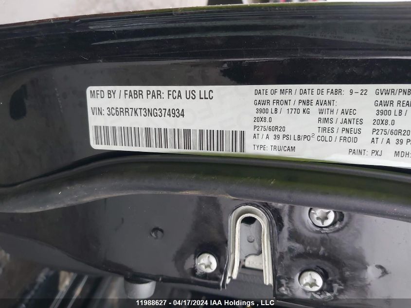 2022 Ram 1500 Classic Tradesman VIN: 3C6RR7KT3NG374934 Lot: 11988627