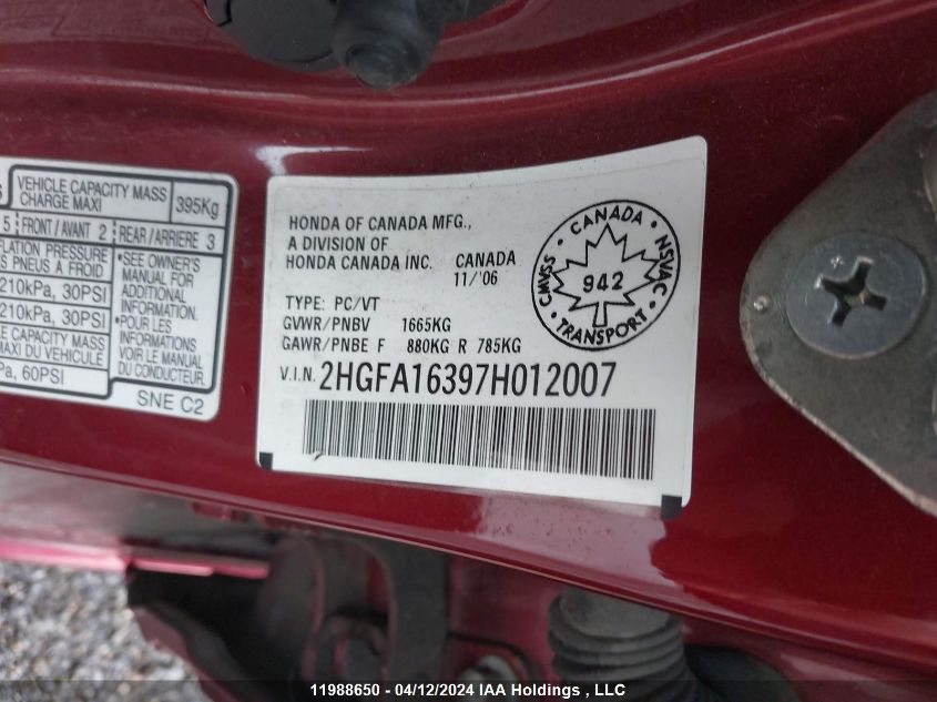 2007 Honda Civic Sdn VIN: 2HGFA16397H012007 Lot: 39240833