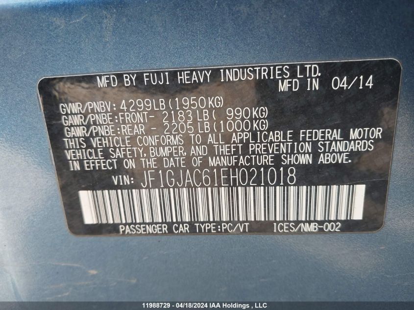 2014 Subaru Impreza VIN: JF1GJAC61EH021018 Lot: 11988729