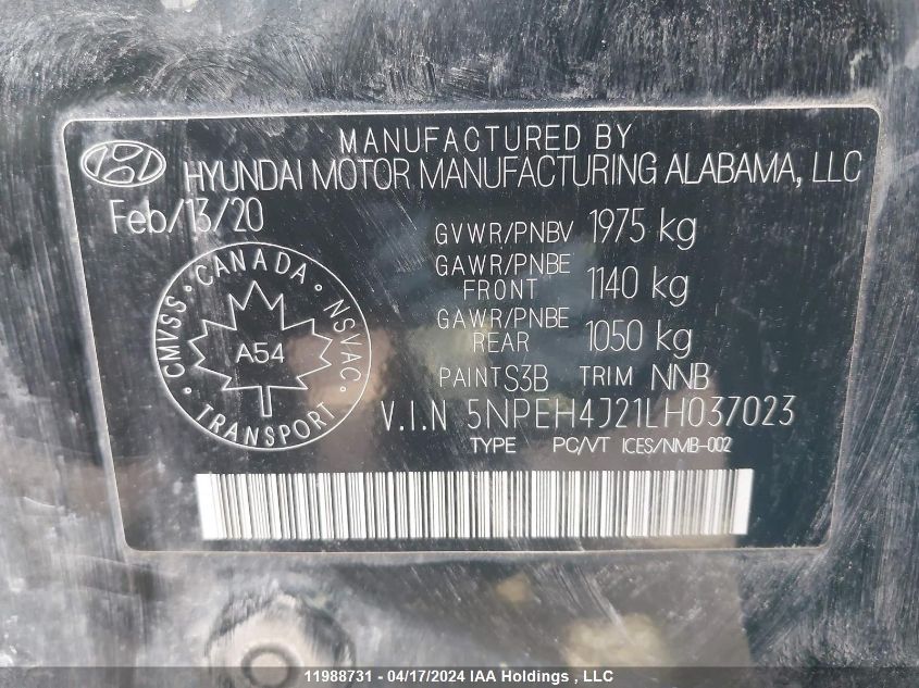 2020 Hyundai Sonata Limited VIN: 5NPEH4J21LH037023 Lot: 11988731